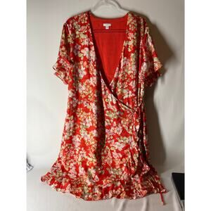 J.Jill Orange Floral Wrap Dress Short Flutter Sleeve Ruffle Hem Plus Size 2X